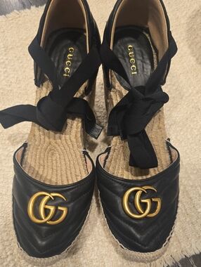 Gucci Black Quilted Leather Espadrille Wedge with Gold Double G